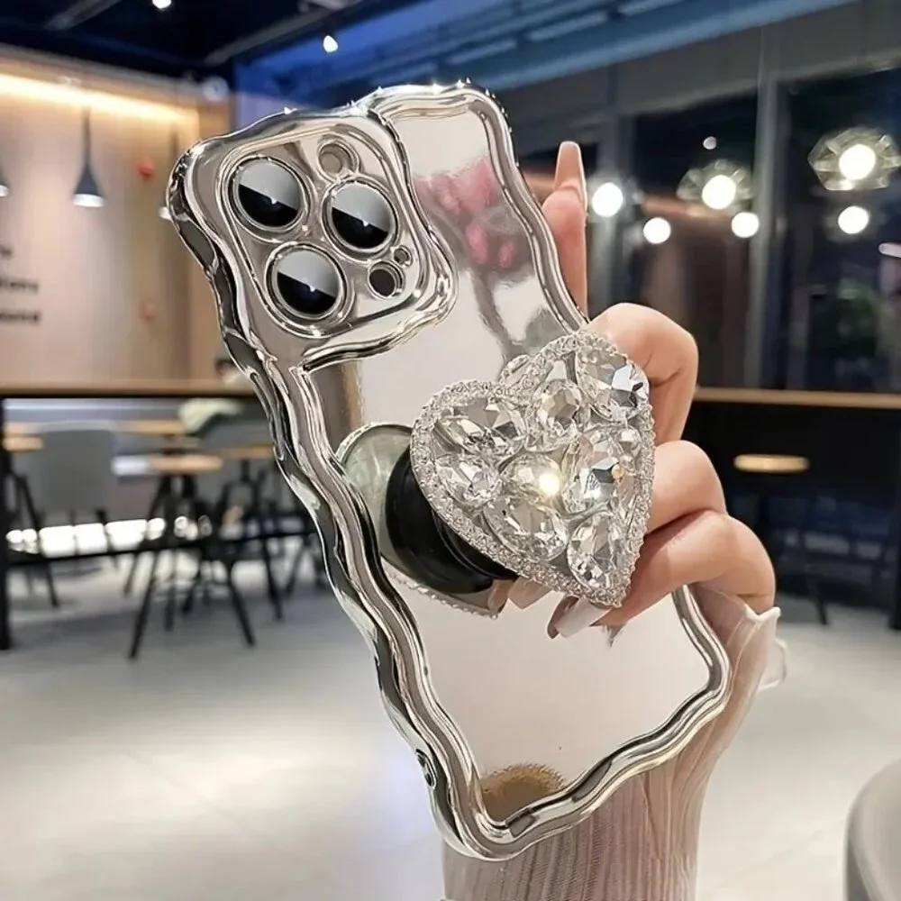 iPhone Plus Pro Max 14 13 12 11 Case- Silvery Mirror Rhinestone Stand Design